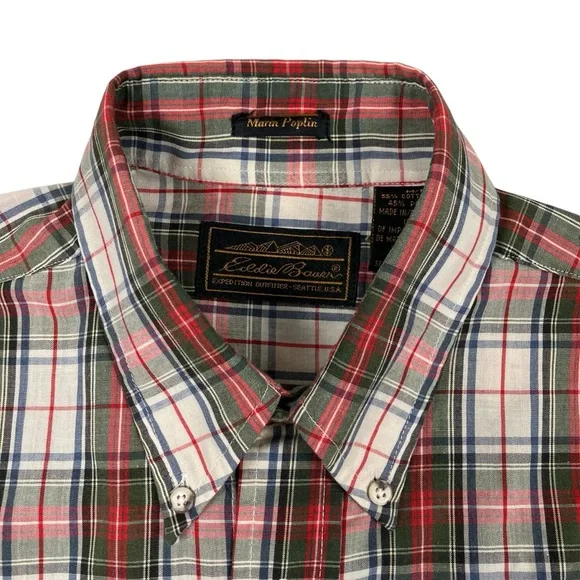 Vintage 80s Eddie Bauer Marin Poplin Multicolor Plaid Button Up Shirt USA Made - Picture 10 of 11